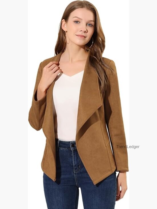 Jackets & Blazers - Faux Suede Draped Open Front Blazer Cardigan Jacket Long Sleeve Shawl Collar